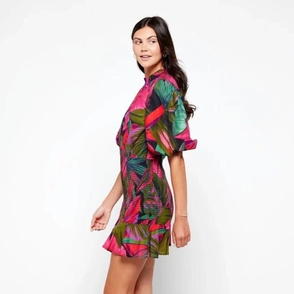 NWT FARM RIO Anthropologie Midnight Leaves Mini Dress Mock neck puff sleeve Sz S